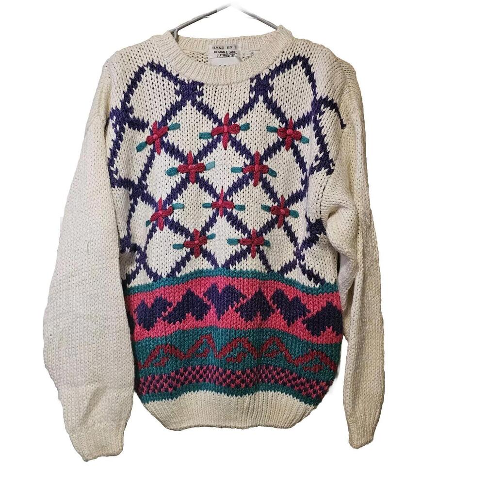 Handknit Sweater Carolina Colours Creame Pink Purple Medium Ramie Acrylic 90s
